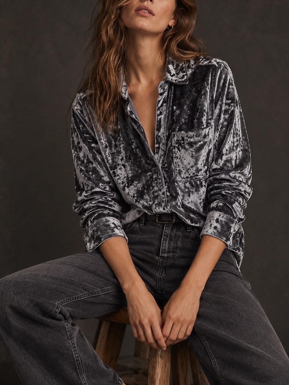 Anthropologie AMDADI blue grey crushed velvet long sleeve button down shirt